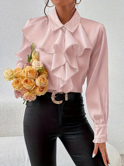 Blouses- Ruffle Front Blouse Long Sleeve Women Shirt for Business- Pink- IndioGear Women Clothing