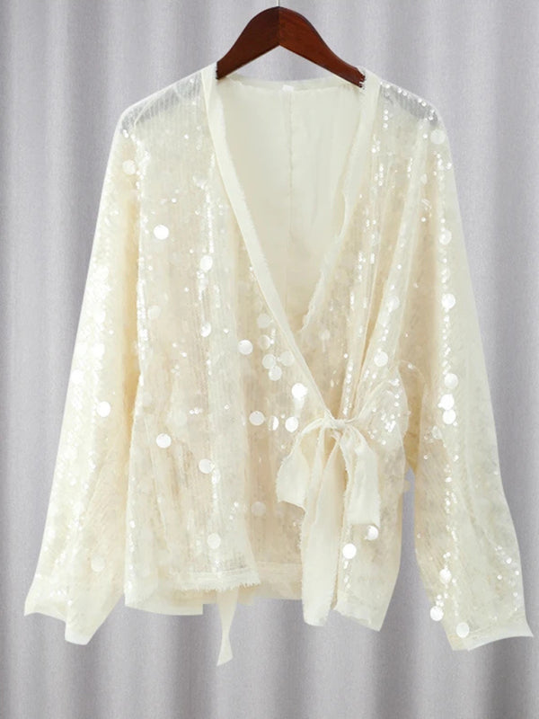 Blouses- Sequin Wrap Blouse Sparkle Surplice- - IndioGear Women Clothing