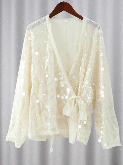 Blouses- Sequin Wrap Blouse Sparkle Surplice- - IndioGear Women Clothing