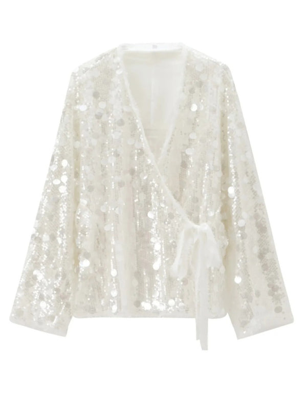 Blouses- Sequin Wrap Blouse Sparkle Surplice- - IndioGear Women Clothing