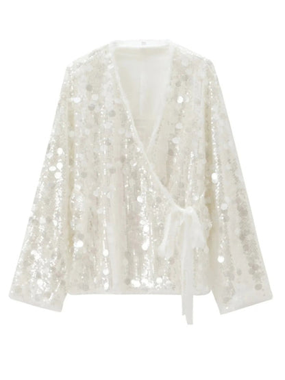 Blouses- Sequin Wrap Blouse Sparkle Surplice- - IndioGear Women Clothing