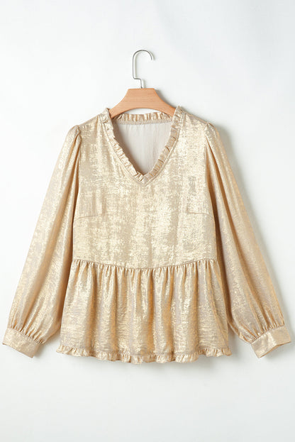 Blouses & Shirts- Metallic Frilled V-Neck Blouse Sparkle Top- - IndioGear Women Clothing