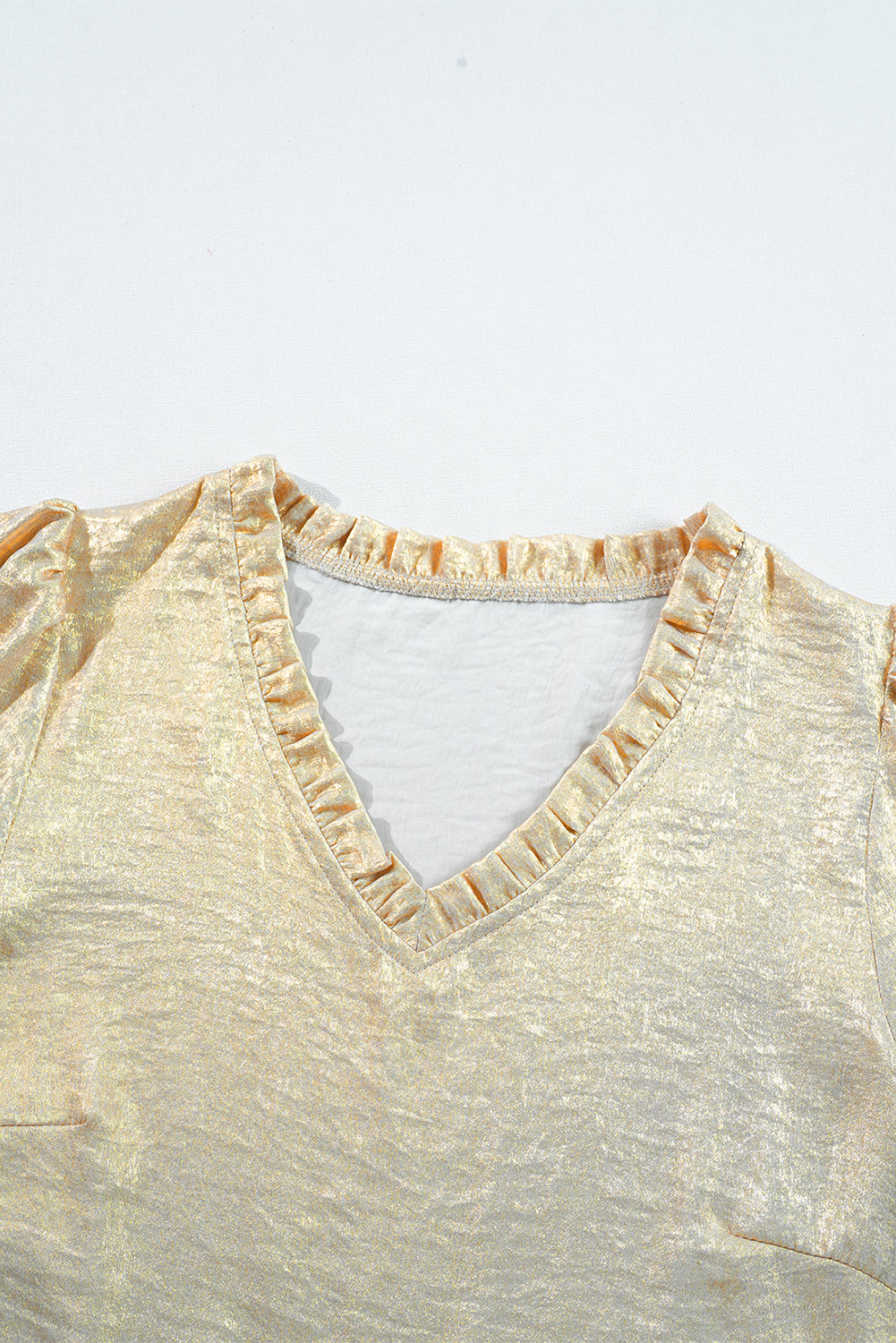 Blouses & Shirts- Metallic Frilled V-Neck Blouse Sparkle Top- - IndioGear Women Clothing