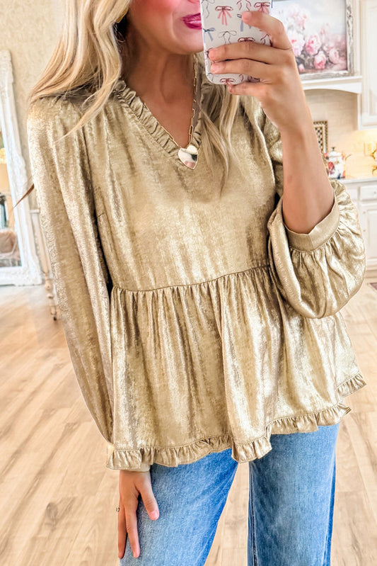 Blouses & Shirts- Metallic Frilled V-Neck Blouse Sparkle Top- Gold- IndioGear Women Clothing