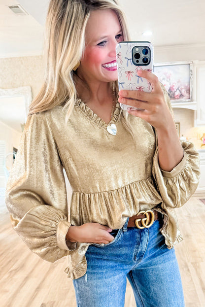 Blouses & Shirts- Metallic Frilled V-Neck Blouse Sparkle Top- - IndioGear Women Clothing