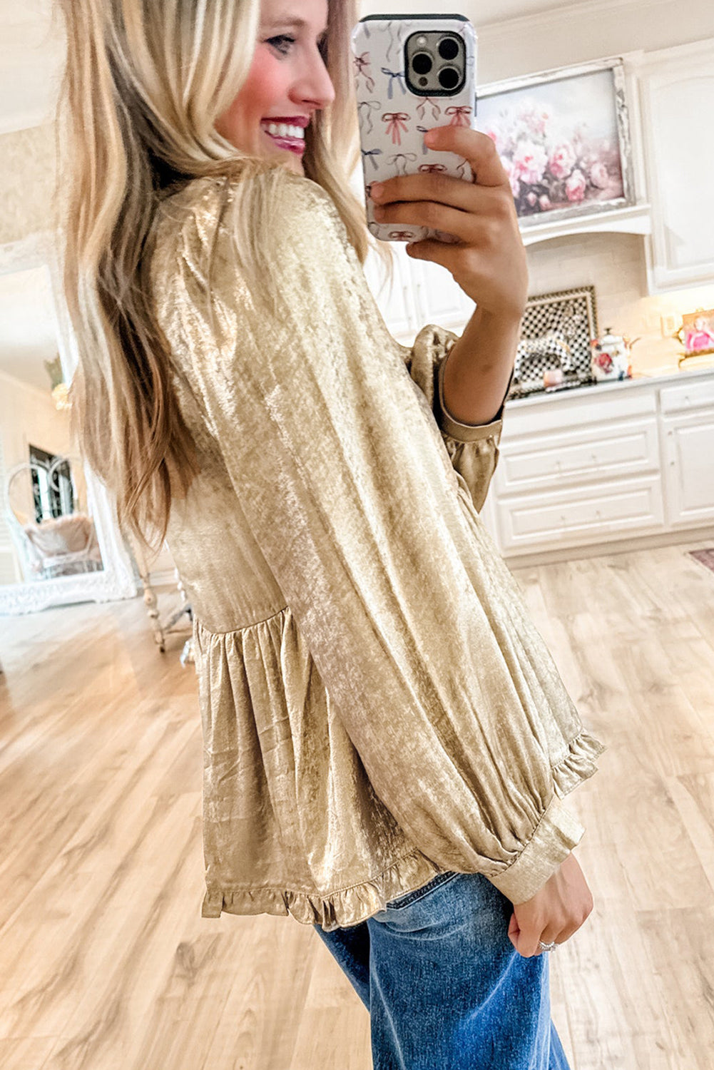 Blouses & Shirts- Metallic Frilled V-Neck Blouse Sparkle Top- - IndioGear Women Clothing