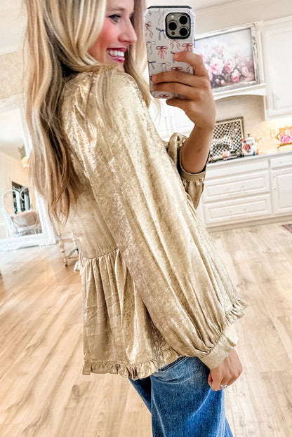 Blouses & Shirts- Metallic Frilled V-Neck Blouse Sparkle Top- - IndioGear Women Clothing