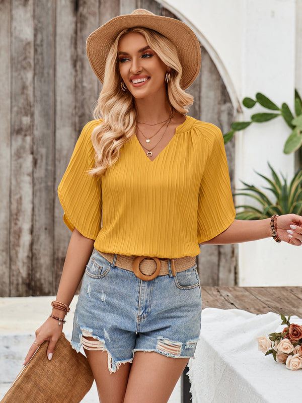 Blouses- Short Sleeve Blouse Textured Cold-Shoulder Blouse- - IndioGear.com