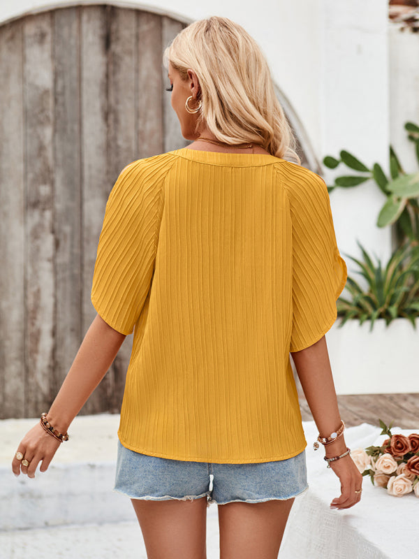 Blouses- Short Sleeve Blouse Textured Cold-Shoulder Blouse- - IndioGear.com