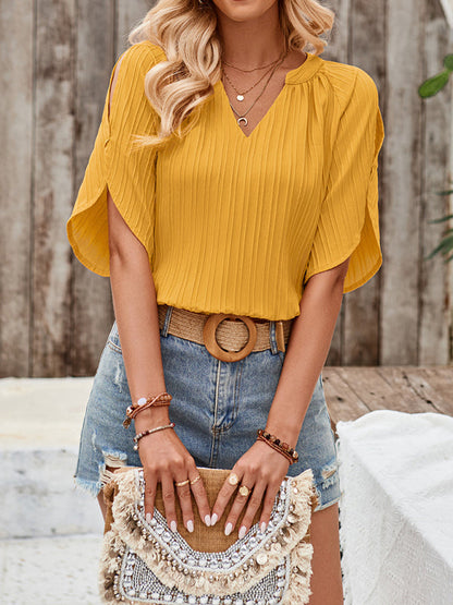 Blouses- Short Sleeve Blouse Textured Cold-Shoulder Blouse- - IndioGear.com