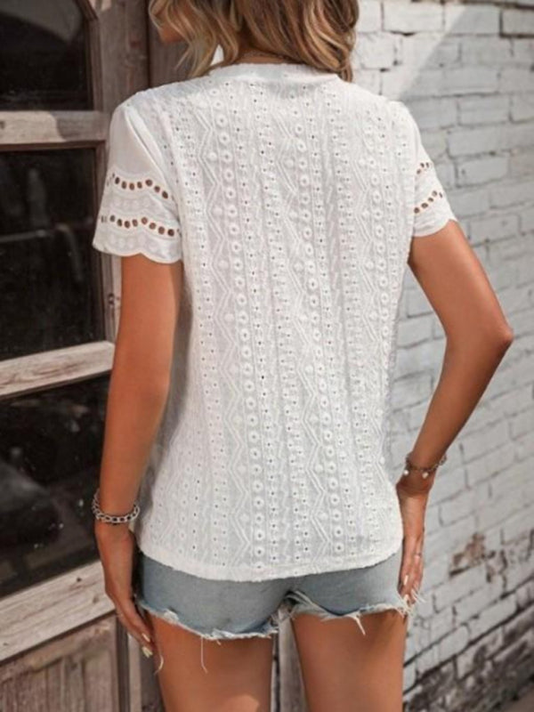 Blouses- Short Sleeve Blouse Women's Textured Eyelet Crew Neck Top- - IndioGear Fashion and Gear