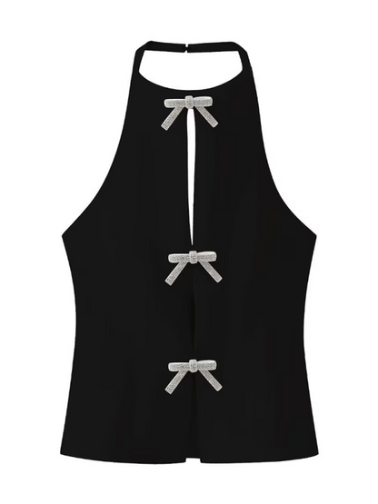 Blouses- Sleeveless Lace-Up Bow Blouse - Women's Fashion Essential- Black- IndioGear.com