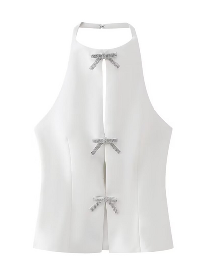 Blouses- Sleeveless Lace-Up Bow Blouse - Women's Fashion Essential- White- IndioGear.com