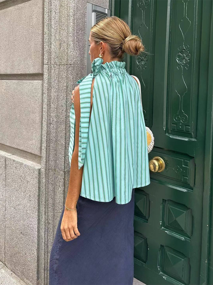 Blouses- Sleeveless Ruffle Collar Blouse - Fancy Stripe with Bowknot Side Top- - IndioGear.com