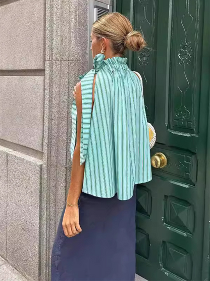 Blouses- Sleeveless Ruffle Collar Blouse - Fancy Stripe with Bowknot Side Top- Green- IndioGear.com