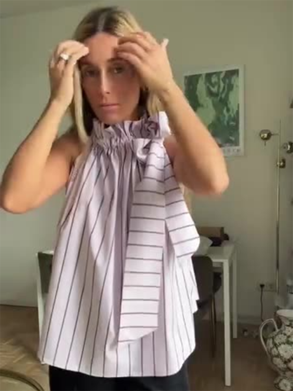 Blouses- Sleeveless Ruffle Collar Blouse - Fancy Stripe with Bowknot Side Top- Lavender- IndioGear.com