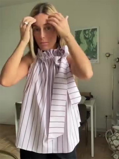 Blouses- Sleeveless Ruffle Collar Blouse - Fancy Stripe with Bowknot Side Top- Lavender- IndioGear.com