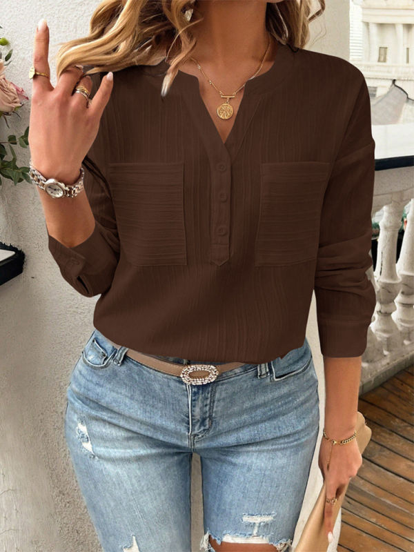 Blouses- Solid Textured Henley Long Sleeve Top Shirt for Women- Coffee- IndioGear.com