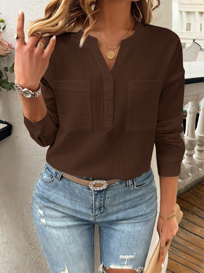 Blouses- Solid Textured Henley Long Sleeve Top Shirt for Women- Coffee- IndioGear.com