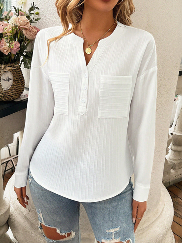 Blouses- Solid Textured Henley Long Sleeve Top Shirt for Women- - IndioGear.com