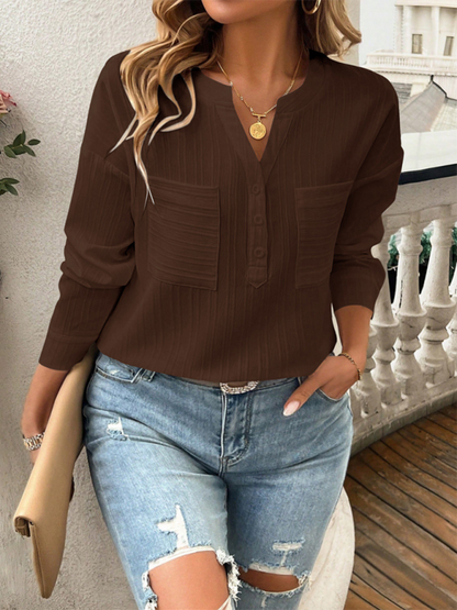 Blouses- Solid Textured Henley Long Sleeve Top Shirt for Women- - IndioGear.com