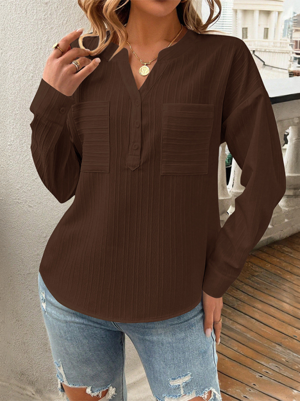 Blouses- Solid Textured Henley Long Sleeve Top Shirt for Women- - IndioGear.com