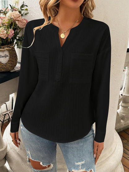 Blouses- Solid Textured Henley Long Sleeve Top Shirt for Women- - IndioGear.com