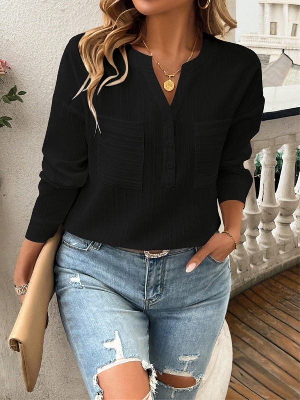 Blouses- Solid Textured Henley Long Sleeve Top Shirt for Women- - IndioGear.com