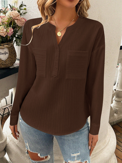 Blouses- Solid Textured Henley Long Sleeve Top Shirt for Women- - IndioGear.com