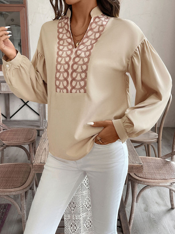 Blouses- Stand Collar Pirnt Beige Blouse for Work- - IndioGear Women Clothing