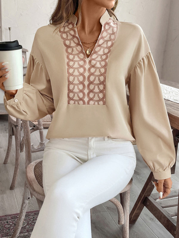 Blouses- Stand Collar Pirnt Beige Blouse for Work- - IndioGear Women Clothing