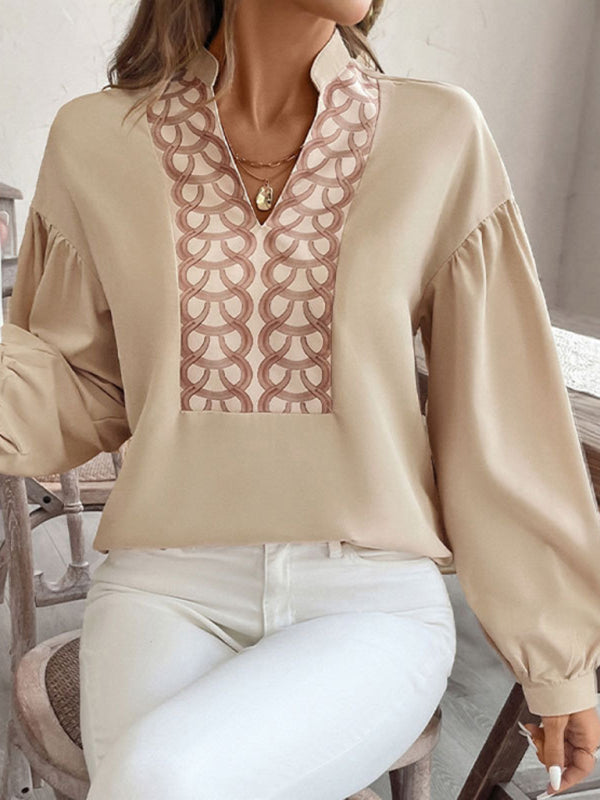 Blouses- Stand Collar Pirnt Beige Blouse for Work- Cracker khaki- IndioGear Women Clothing