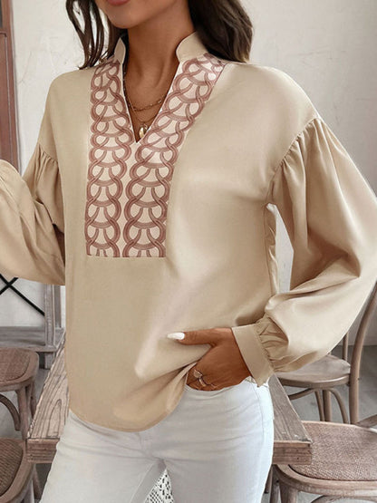 Blouses- Stand Collar Pirnt Beige Blouse for Work- - IndioGear Women Clothing