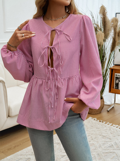 Blouses- Stripe Tie-Up Blouse for Transitioning Seasons- - IndioGear.com