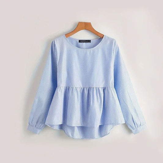 Blouses- Striped Peplum Blouse Flowy Top- Light Blue- IndioGear.com