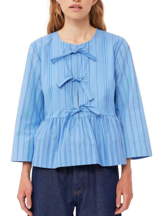 Blouses- Stripes Long Sleeve Patchwork Tie-Up Blouse for Women- Blue- IndioGear Fashion and Gear