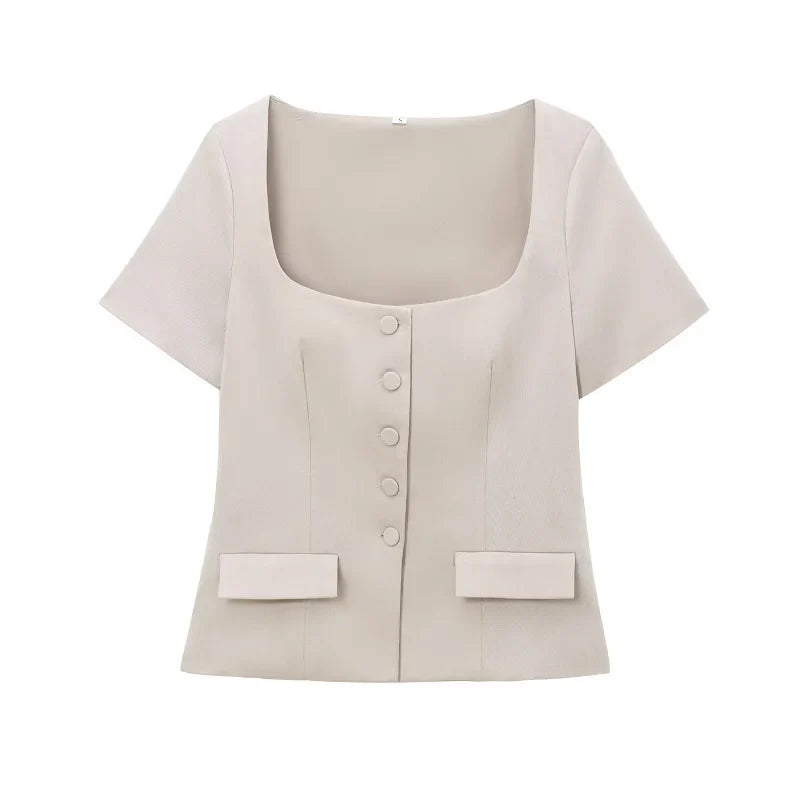 Blouses- Structured Business Blouse Short-Sleeved Top for Office- Khaki- IndioGear Women Clothing