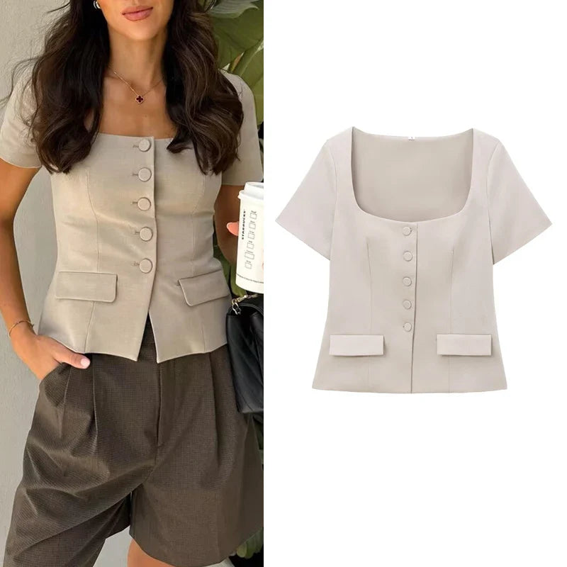 Blouses- Structured Business Blouse Short-Sleeved Top for Office- - IndioGear Women Clothing