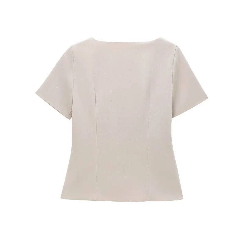 Blouses- Structured Business Blouse Short-Sleeved Top for Office- - IndioGear Women Clothing