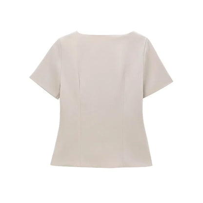 Blouses- Structured Business Blouse Short-Sleeved Top for Office- - IndioGear Women Clothing