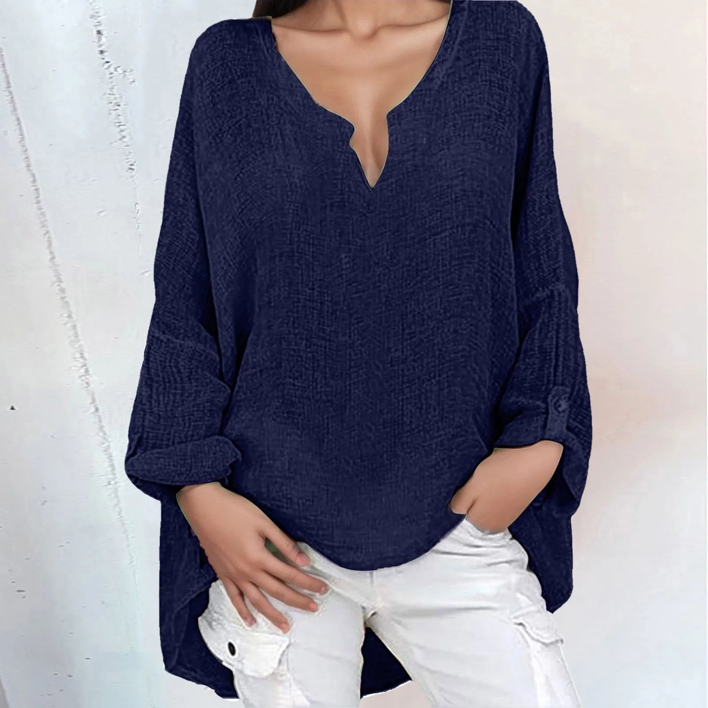 Blouses- Summer High-Low Blouse for Women- Navy- IndioGear.com