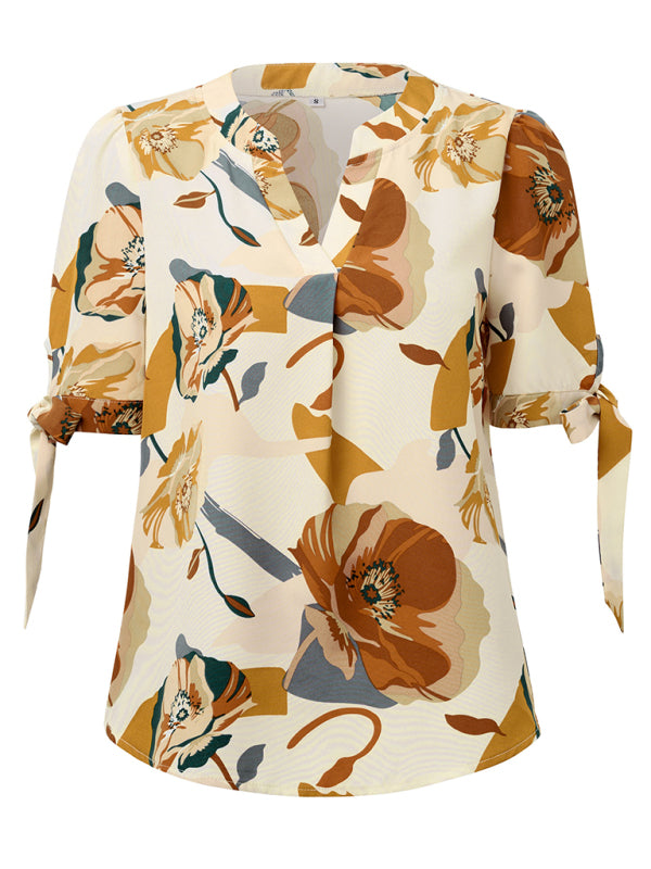 Blouses- Summer Women's Tie-Up Short Sleeve Blouse with Abstract Print- - IndioGear Fashion and Gear