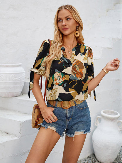 Blouses- Summer Women's Tie-Up Short Sleeve Blouse with Abstract Print- - IndioGear Fashion and Gear