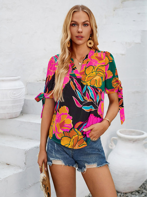 Blouses- Summer Women's Tie-Up Short Sleeve Blouse with Abstract Print- - IndioGear Fashion and Gear