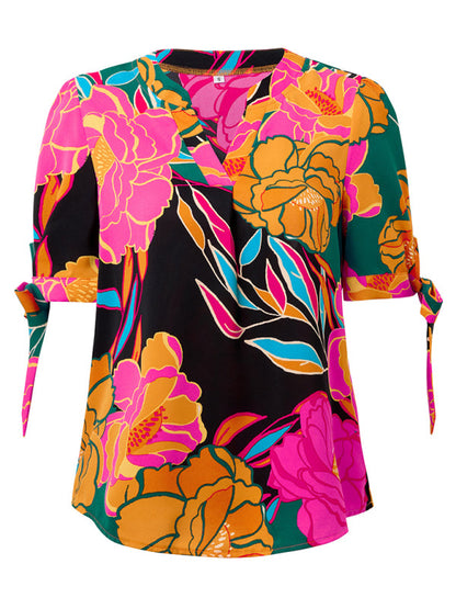 Blouses- Summer Women's Tie-Up Short Sleeve Blouse with Abstract Print- - IndioGear Fashion and Gear