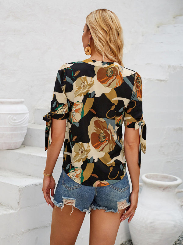 Blouses- Summer Women's Tie-Up Short Sleeve Blouse with Abstract Print- - IndioGear Fashion and Gear