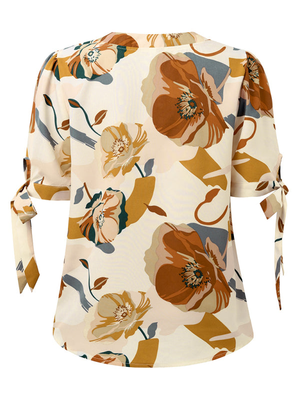 Blouses- Summer Women's Tie-Up Short Sleeve Blouse with Abstract Print- - IndioGear Fashion and Gear