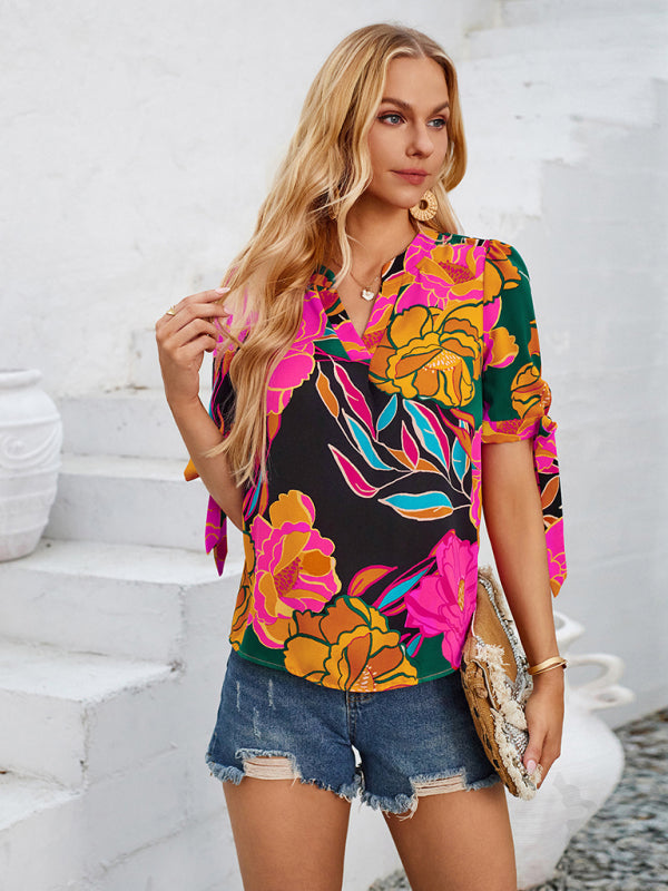 Blouses- Summer Women's Tie-Up Short Sleeve Blouse with Abstract Print- - IndioGear Fashion and Gear