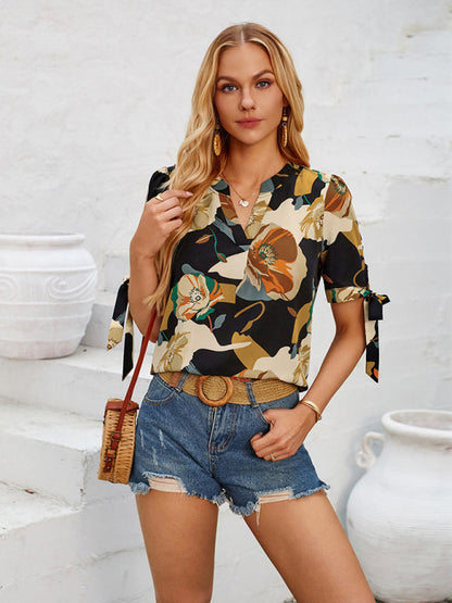 Blouses- Summer Women's Tie-Up Short Sleeve Blouse with Abstract Print- Black- IndioGear Fashion and Gear