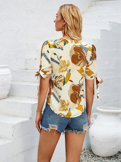 Blouses- Summer Women's Tie-Up Short Sleeve Blouse with Abstract Print- - IndioGear Fashion and Gear